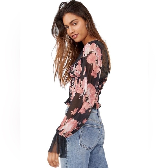 Free People Daphne Blouse in Black Pink Floral Lace Long Sleeve Top Size Small - Picture 4 of 13